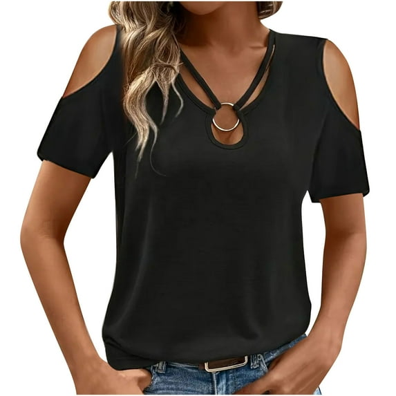 RYRJJ Womens Summer Cold Shoulder Tops Short Sleeve V Neck T Shirts Loose Dressy Casual Tunic Blouses Criss Cross Tees(Black,XL)