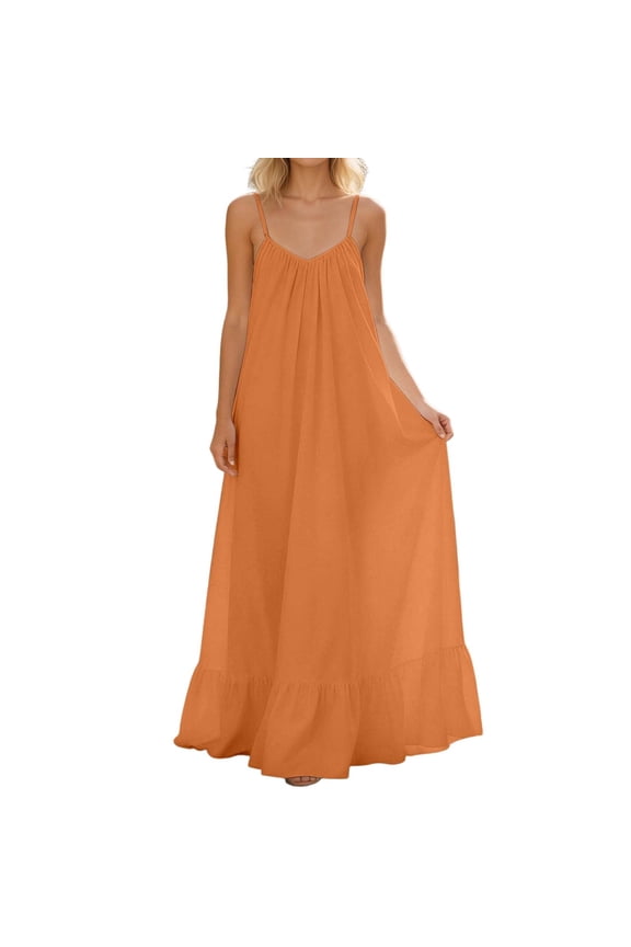 Womens Summer Cotton Linen Maxi Cami Dresses Spaghetti Strap Boho Casual Backless Ruffle Loose Fit Flowy Dress Long Beach Sundress(Orange,XXL)