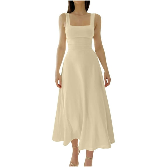 RYRJJ Womens Summer Formal Dresses Elegant Sleeveless A Line Square Neck Flowy Swing Solid Long Dress Wedding Guest Dress(Beige,M)