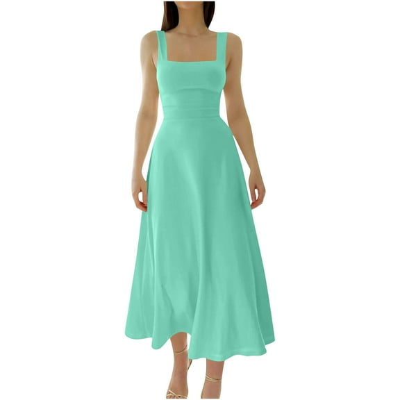 RYRJJ Womens Summer Formal Dresses Elegant Sleeveless A Line Square Neck Flowy Swing Solid Long Dress Wedding Guest Dress(Green,S)