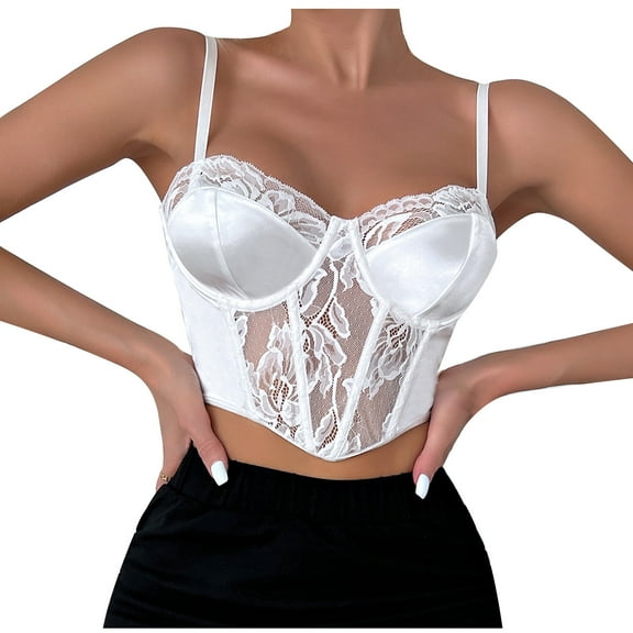 RYRJJ Womens Summer Lace Bustier Mesh Floral Embroidery Vintage Spaghetti Strap Corset Going Out Party Camisole Crop Top White XS
