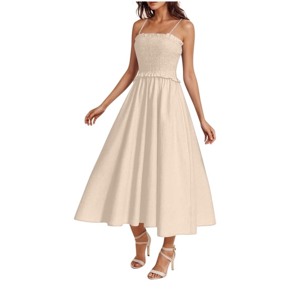 RYRJJ Womens Summer Maxi Dresses Spaghetti Strap Sleeveless Smocked Flowy Dress A-Line Boho Long Beach Sundresses(Beige,XXL)