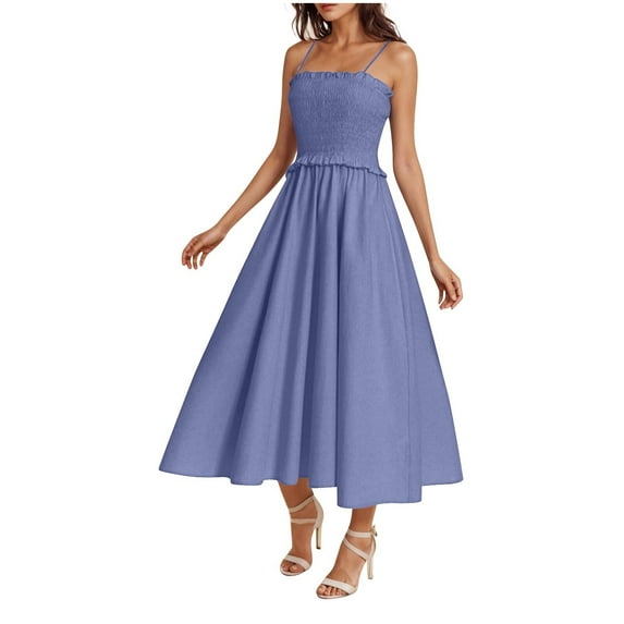 RYRJJ Womens Summer Maxi Dresses Spaghetti Strap Sleeveless Smocked Flowy Dress A-Line Boho Long Beach Sundresses(Purple,M)