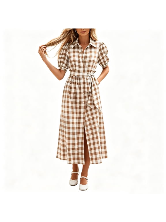 Womens Summer Plaid Puff Short Sleeve Dress Elegant Gingham Collared V-Neck Button Down Long Shirt Dress with Pockets Belt