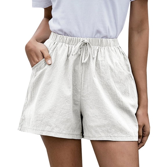 RYRJJ Womens Summer Pull On Shorts Casual Baggy Trendy Cotton Linen Short Pants Elastic Waist Drawstring Comfy Shorts(White,XXL)