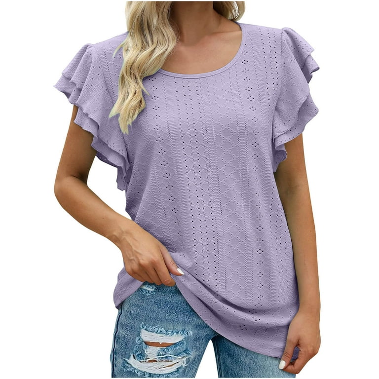 RYRJJ Womens Summer Ruffle Sleeve Tshirts Eyelet Crew Neck Loose Fit Casual  Blouse Tops(Purple,M) 