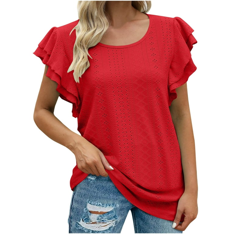 RYRJJ Womens Summer Ruffle Sleeve Tshirts Eyelet Crew Neck Loose Fit Casual  Blouse Tops(Red,XXL) 