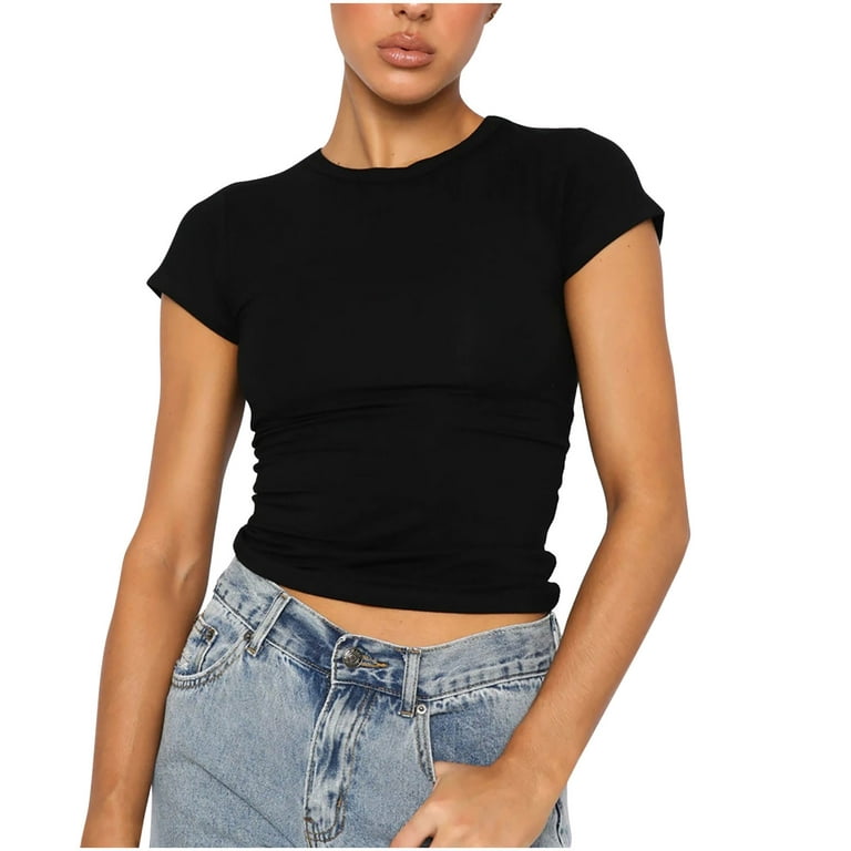 RYRJJ Womens Summer Short Sleeve Cute Crop Tops Casual Plain Basic Crewneck  Slim Fit T-Shirts(Black,S)