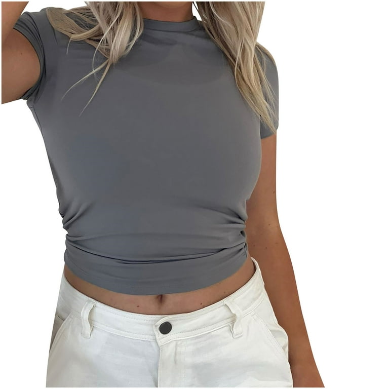 RYRJJ Womens Summer Short Sleeve Cute Crop Tops Casual Plain Basic Crewneck  Slim Fit T-Shirts(Blue,L) 