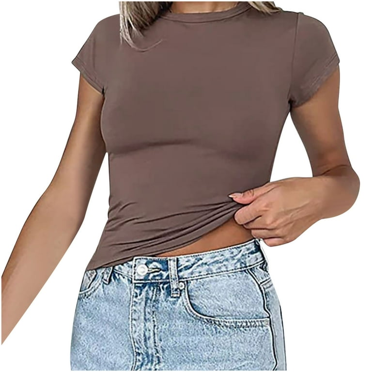 RYRJJ Womens Summer Short Sleeve Cute Crop Tops Casual Plain Basic Crewneck  Slim Fit T-Shirts(Brown,M)