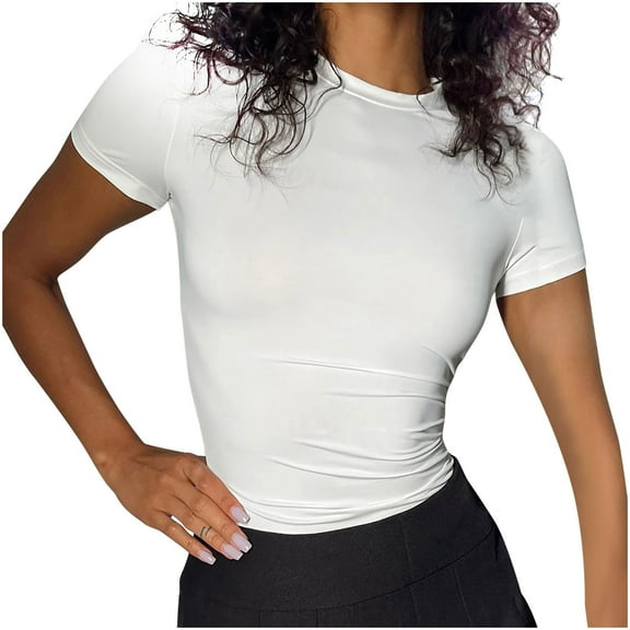 RYRJJ Womens Summer Short Sleeve Cute Crop Tops Casual Plain Basic Crewneck Slim Fit T-Shirts(White,S)