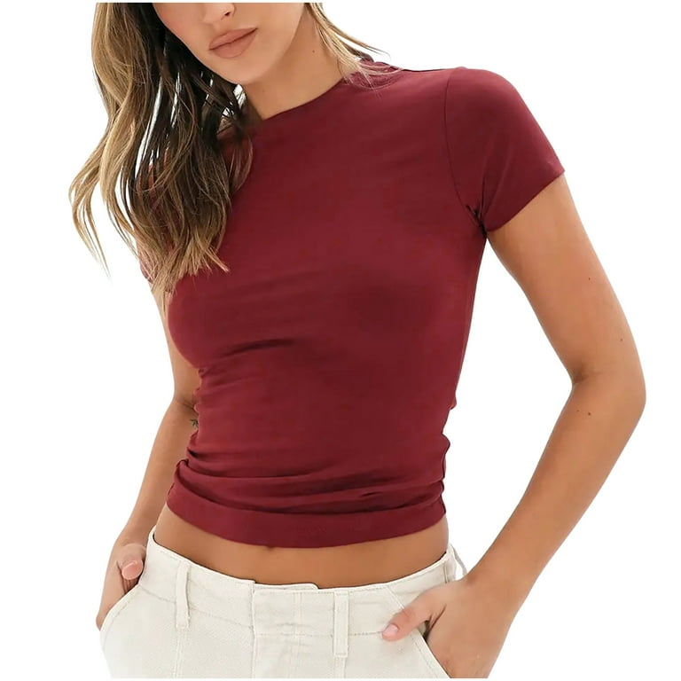 RYRJJ Womens Summer Short Sleeve Cute Crop Tops Casual Plain Basic Crewneck  Slim Fit T-Shirts(Wine,L)