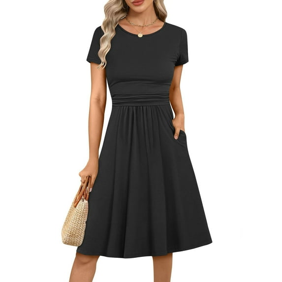 RYRJJ Womens Summer Short Sleeve Dresses Casual Ruched Empire Waist Flowy A-Line Midi Modest Dress Beach Vacation Clothes(Black,S)