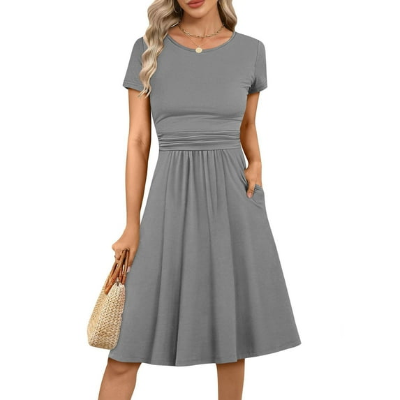 RYRJJ Womens Summer Short Sleeve Dresses Casual Ruched Empire Waist Flowy A-Line Midi Modest Dress Beach Vacation Clothes(Gray,XL)