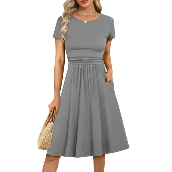 RYRJJ Womens Summer Short Sleeve Dresses Casual Ruched Empire Waist Flowy A-Line Midi Modest Dress Beach Vacation Clothes(Gray,XXL)