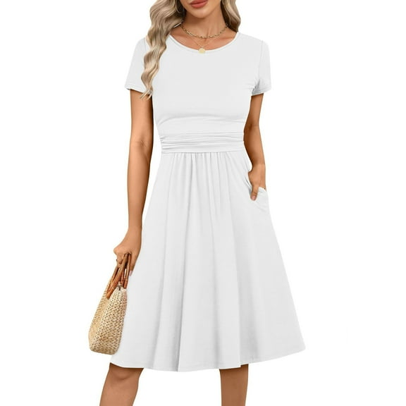 RYRJJ Womens Summer Short Sleeve Dresses Casual Ruched Empire Waist Flowy A-Line Midi Modest Dress Beach Vacation Clothes(White,XXL)