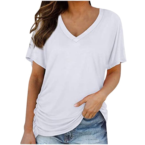 RYRJJ Womens Summer T Shirts Short Sleeve V Neck Basic Tops with Side Shirring Ruched Loose Fit Blouse Shirts(White,S)