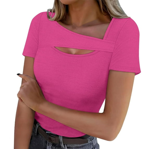 RYRJJ Womens Summer Tops Casual Short Sleeve Slim Fitted Y2K Shirts Ribbed Knit Cutout Blouse Top(Hot Pink,M)