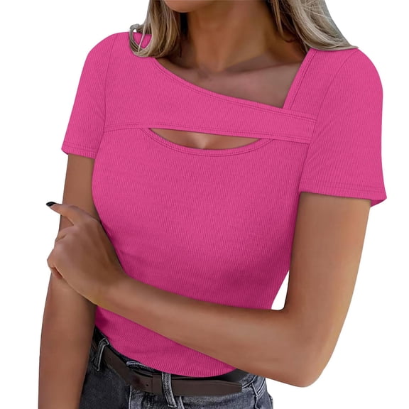 RYRJJ Womens Summer Tops Casual Short Sleeve Slim Fitted Y2K Shirts Ribbed Knit Cutout Blouse Top(Hot Pink,XXL)