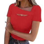 RYRJJ Womens Summer Tops Casual Short Sleeve Slim Fitted Y2K Shirts Ribbed Knit Cutout Blouse TopRed,S