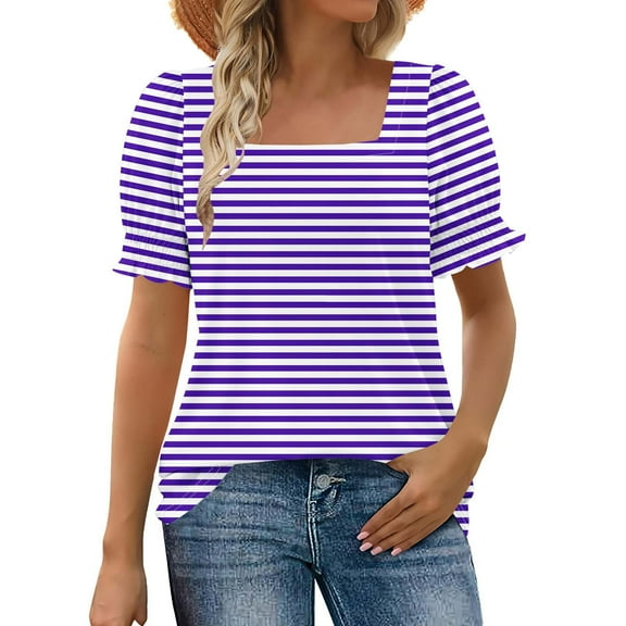 RYRJJ Womens Summer Tops Dressy Casual Blouses Puff Short Sleeve Smocked Cuff Square Neck Shirt Cute Trendy Tee Shirts(z1-Purple,S)