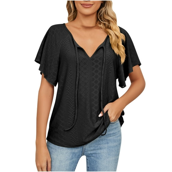 RYRJJ Womens Summer Tops Flutter Short Sleeve Tshirts Drawstring V-Neck Eyelet Loose Fit Casual Blouse Tops(Black,XL)