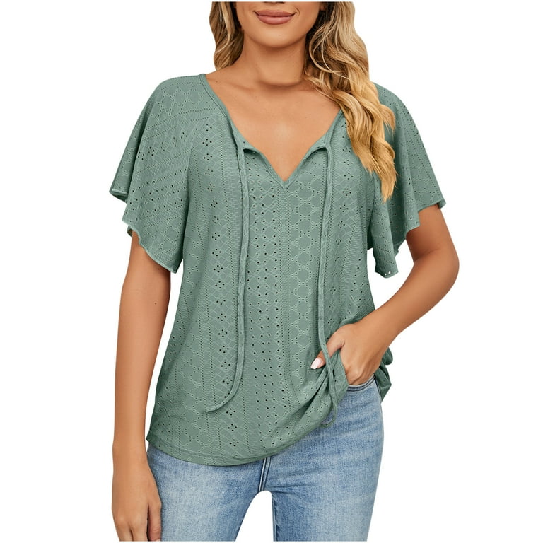 RYRJJ Womens Summer Tops Flutter Short Sleeve Tshirts Drawstring V-Neck  Eyelet Loose Fit Casual Blouse Tops(Green,XXL)