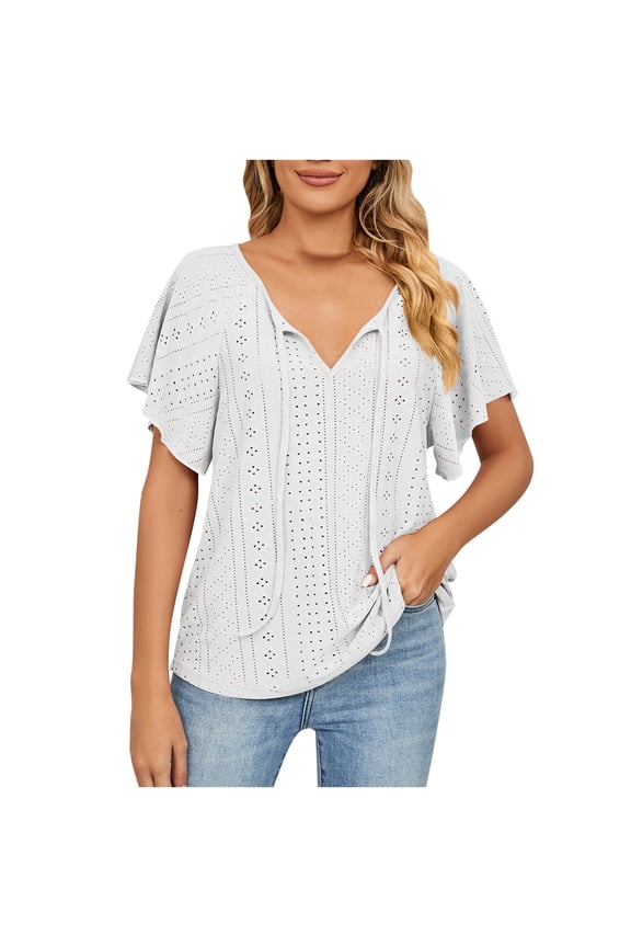 Womens Summer Tops Flutter Short Sleeve Tshirts Drawstring V-Neck Eyelet Loose Fit Casual Blouse Tops(White,M)