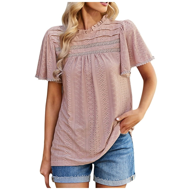 RYRJJ Womens Summer Tops Shirred Crewneck Lace Crochet Ruffle Short Sleeve  Shirts Trendy Casual Eyelet Flowy Blouses(Pink,XL) 