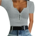 thumbnail image 1 of RYRJJ Womens Summer Tops Short Sleeve Shirts V Neck Slim Fit Zip Up Tops Ribbed Knit Henley Shirts Blouses(Gray,S), 1 of 7