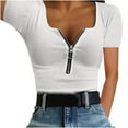 thumbnail image 1 of RYRJJ Womens Summer Tops Short Sleeve Shirts V Neck Slim Fit Zip Up Tops Ribbed Knit Henley Shirts Blouses(White,L), 1 of 7