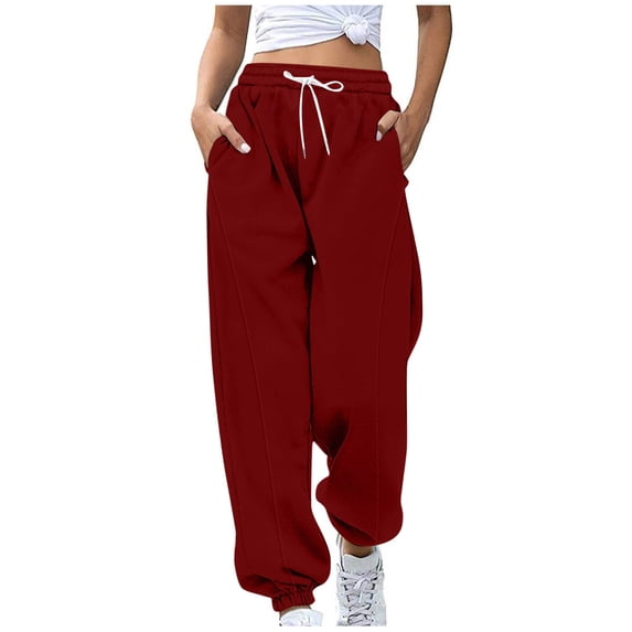 RYRJJ Womens Sweatpants Drawstring High Waisted Baggy Sweatpants Sport Active Workout Joggers Lounge Pants with Pockets(Wine,XXL)