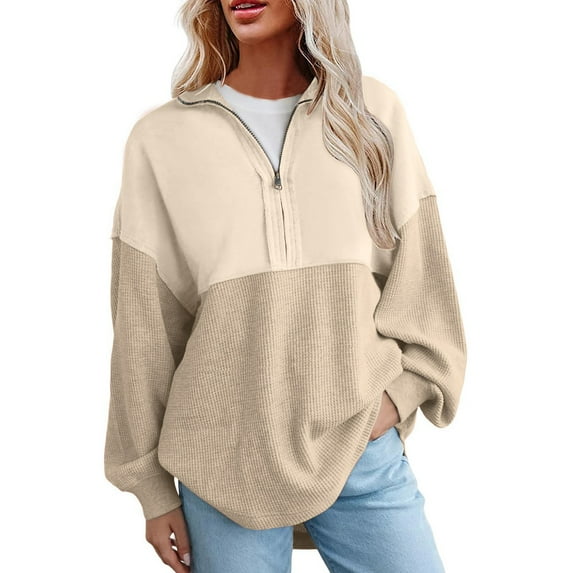 RYRJJ Womens Sweatshirt Casual Waffle Knit Half Zip Pullover Loose Long Sleeve Tops Fall Trendy Oversized Reverse Seam Sweatshirts(Khaki,S)