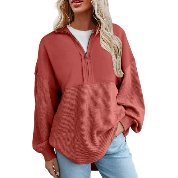 RYRJJ Womens Sweatshirt Casual Waffle Knit Half Zip Pullover Loose Long Sleeve Tops Fall Trendy Oversized Reverse Seam Sweatshirts(Red,XXL)