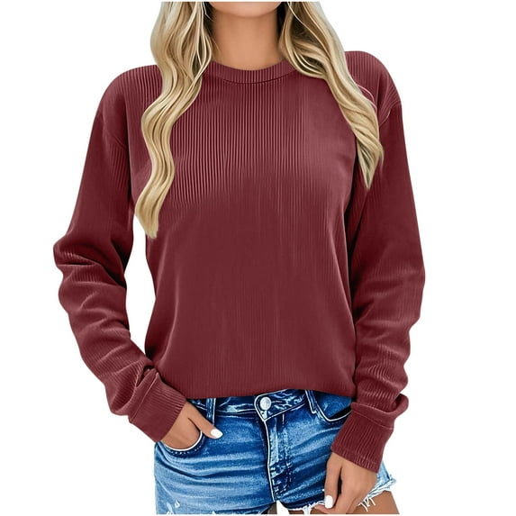 RYRJJ Womens Sweatshirts Casual Corduroy Pullover Solid Color Tops Fall Fashion Long Sleeve Crewneck Shirts(Wine,3XL)