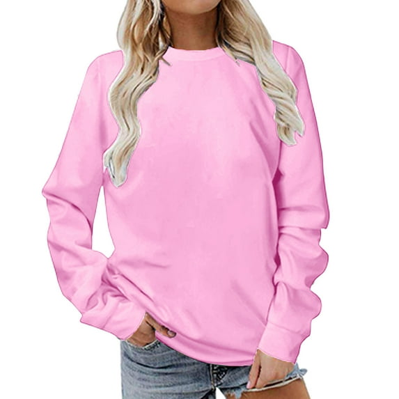 RYRJJ Womens Sweatshirts Plus Size Casual Long Sleeve Crewneck Hoodie Solid Color Pullover Lightweight Loose Tops(Pink,M)