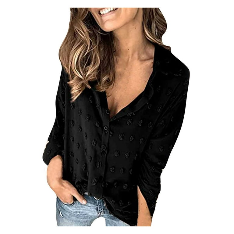 RYRJJ Womens Swiss Dot Button Down Shirts Dressy Casual Work Tops Summer  Long Sleeve Collared Business Blouses(Black,M) 