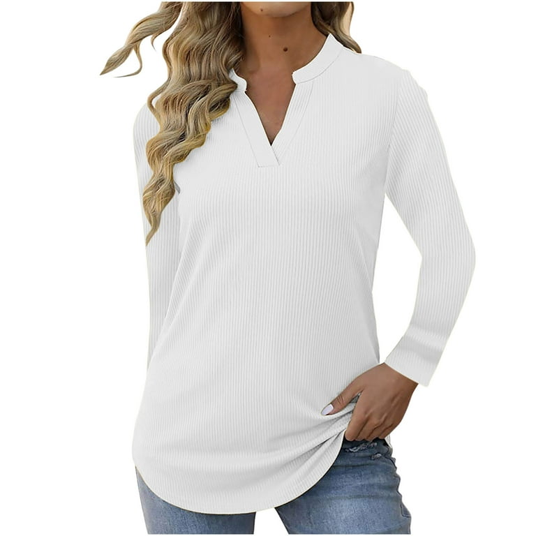 RYRJJ Womens T Shirts Long Sleeve Summer Ribbed Tops V Neck Casual Tunic  Blouses for Women Solid Color(White,M)
