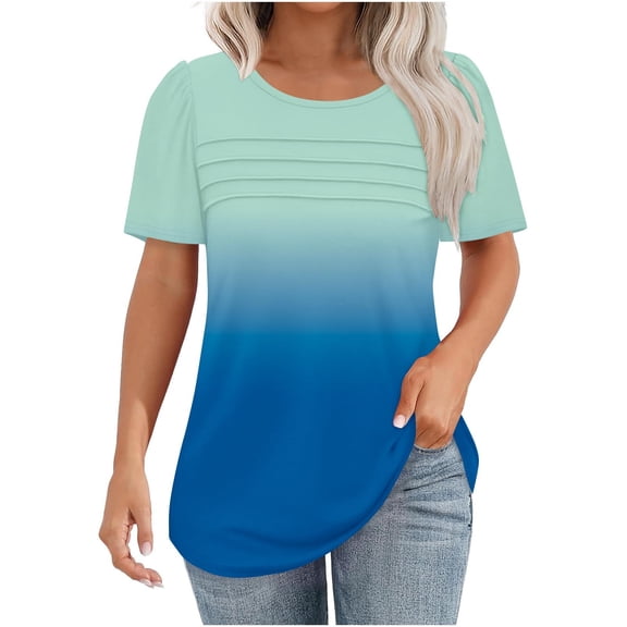 RYRJJ Womens T Shirts Puff Short Sleeve Tops Dressy Casual Blouses Spring Summer Flowy Pleated Front Scooped Neck Tees(Blue,XXL)