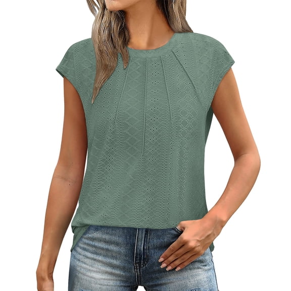 RYRJJ Womens T Shirts Short Sleeve Pleated Dressy Casual Cap Sleeve Summer Tops Crewneck Tunic Blouses(Bronze,L)