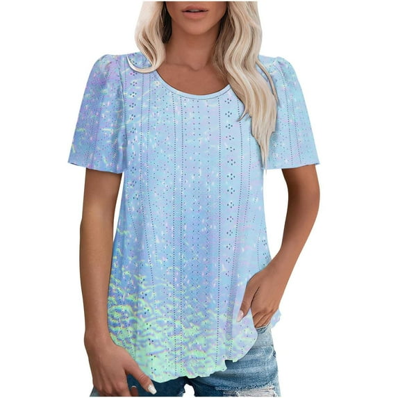 RYRJJ Womens T Shirts Short Sleeve Pleated Dressy Casual Crewneck Summer Tops Gradient Tie Dye Cute Tunic Eyelet Blouses(Blue,S)