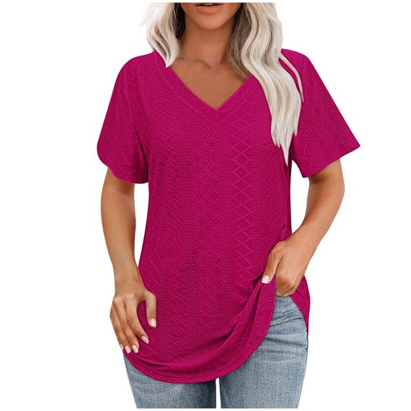 RYRJJ Womens T Shirts V Neck Short Sleeve Casual Tops Loose Fit Basic Tees Summer Tunic Blouse with Curved Hem(Hot Pink,S)