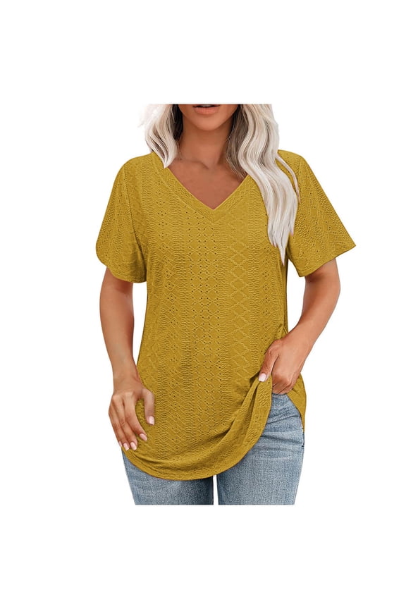 Womens T Shirts V Neck Short Sleeve Casual Tops Loose Fit Basic Tees Summer Tunic Blouse with Curved Hem(Yellow,M)
