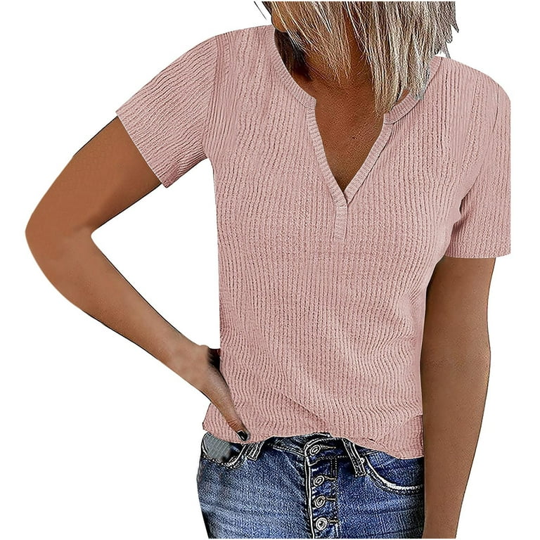 RYRJJ Womens TShirt Short Sleeve V Neck Ribbed T Shirts Loose Fit Summer  Casual Knit Tunic Dressy Tops(Pink,XXL)