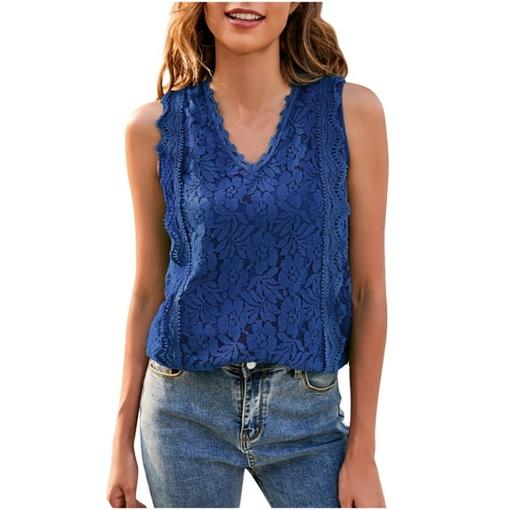 RYRJJ Womens Tank Tops Sleeveless Floral Lace Embroidery V-Neck Loose Fit Casual Summer Cami Shirts Dressy Tunic Blouse(Blue,XXL)