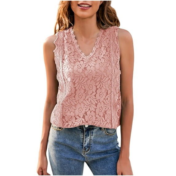 RYRJJ Womens Tank Tops Sleeveless Floral Lace Embroidery V-Neck Loose Fit Casual Summer Cami Shirts Dressy Tunic Blouse(Pink,XXL)