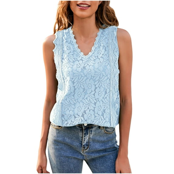 RYRJJ Womens Tank Tops Sleeveless Floral Lace Embroidery V-Neck Loose Fit Casual Summer Cami Shirts Dressy Tunic Blouse(Sky Blue,XL)
