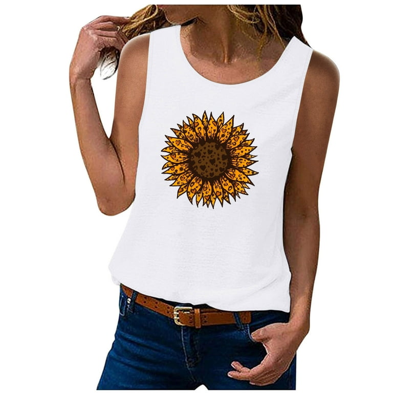 RYRJJ Womens Tank Tops Summer Casual Sleeveless Shirts Loose Fit O-Neck  Sunflower Graphic Basic Workout T-Shirt(01#White,3XL) 