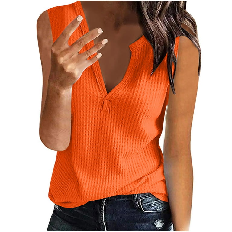 RYRJJ Womens Tank Tops V Neck Waffle Knit Summer Casual Sleeveless Loose  Tee Shirts Tunics Blouse(Orange,S) 