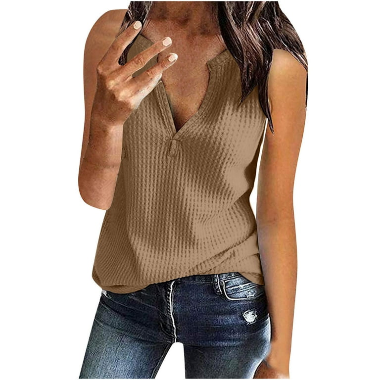 RYRJJ Womens Tank Tops V Neck Waffle Knit Summer Casual Solid Sleeveless  Loose Tee Shirts Soft Comfy Loose Tunics Blouses Vest(02#Brown,S) 